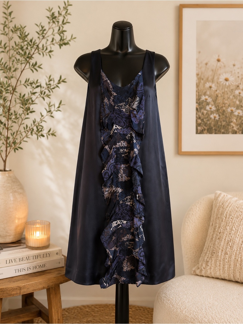 ✨ Club Monaco 100% Silk Navy Ruffle Front Shift Dress Size Small